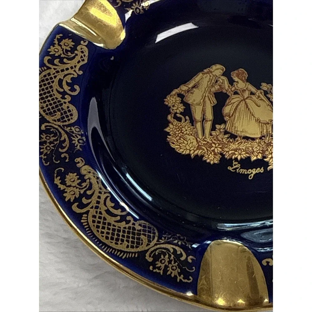 Vintage Limoges Castel France Cobalt Blue Gold Porcelain Ashtray Courting Couple